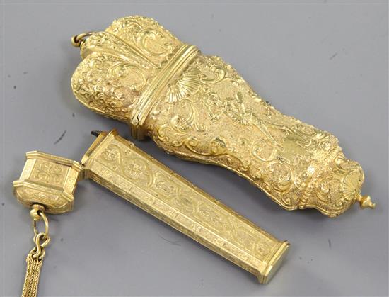 A late 18th century German ormolu etui, 4in. and 3.25in.